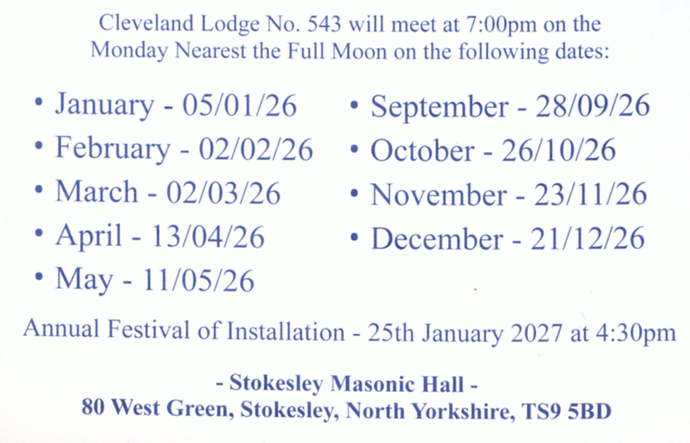 Cleveland Lodge No. 543 - 2026 Meeting Dates